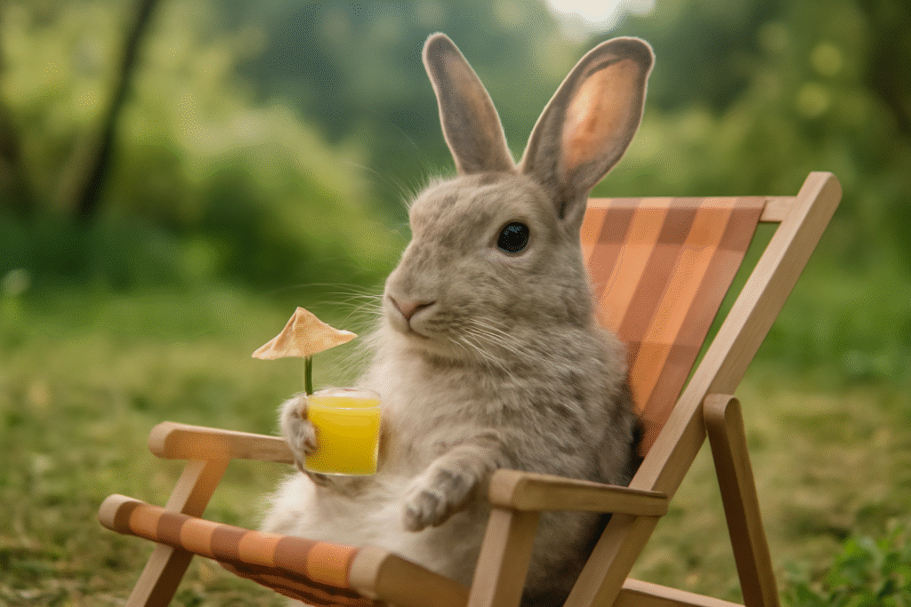 Ein Kaninchen, das auf einem Liegestuhl sitzt und einen Drink in den Pfoten hält.