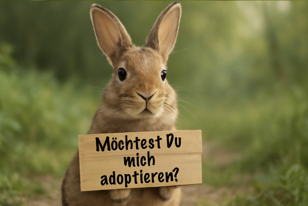Adobtier Hase 2 Ein Hase, das ein Schild in den Pfoten hält. Darauf steht, möchtest Du mich adoptieren?