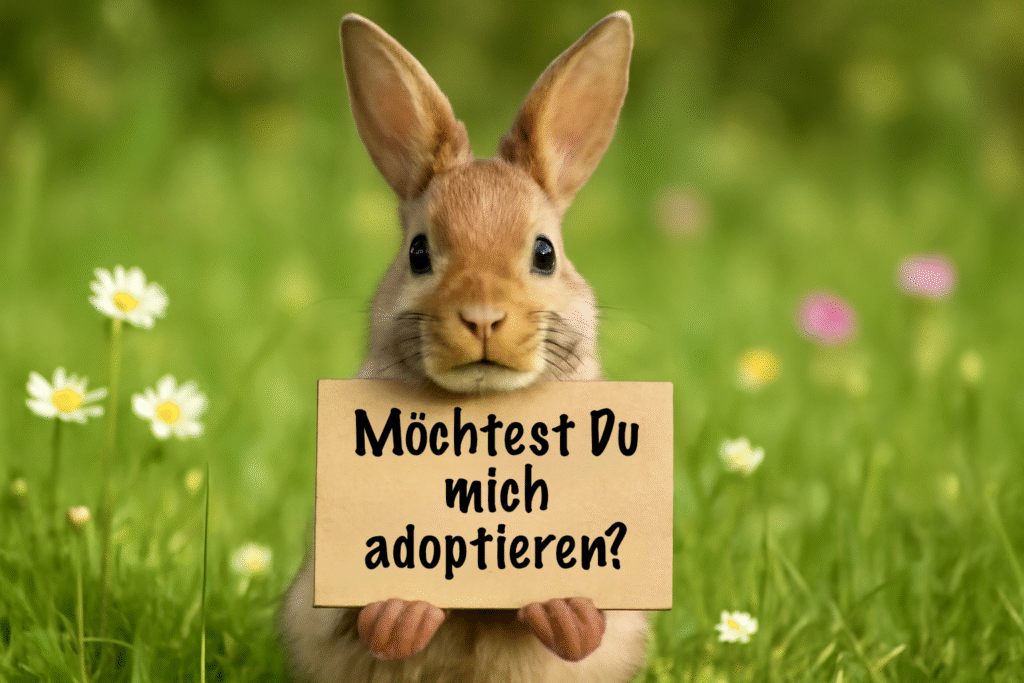 Ein Hase, das ein Schild in den Pfoten hält. Darauf steht, möchtest Du mich adoptieren?